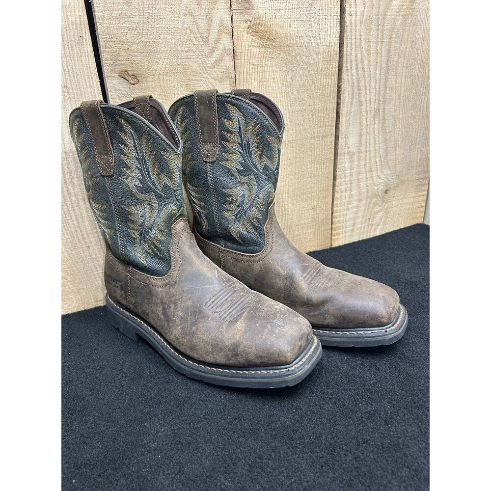 Ariat Steel Toe Men`s Brown Leather Wide Square Pull On Work Boots Size 10D S-1